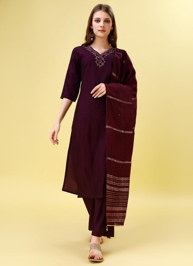 Pure Viscose Wine Traditional Wear Mirror Work Readymade Straight Suit